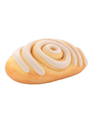 Fototapeta premium Freshly baked cinnamon roll with creamy icing, placed on a clean surface, showcasing its texture