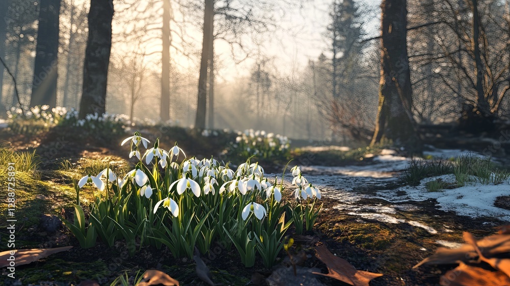 Aufkleber Snowdrops blooming in a tranquil forest during early spring with sunlight filtering through trees. Nature's renewal and serenity concept