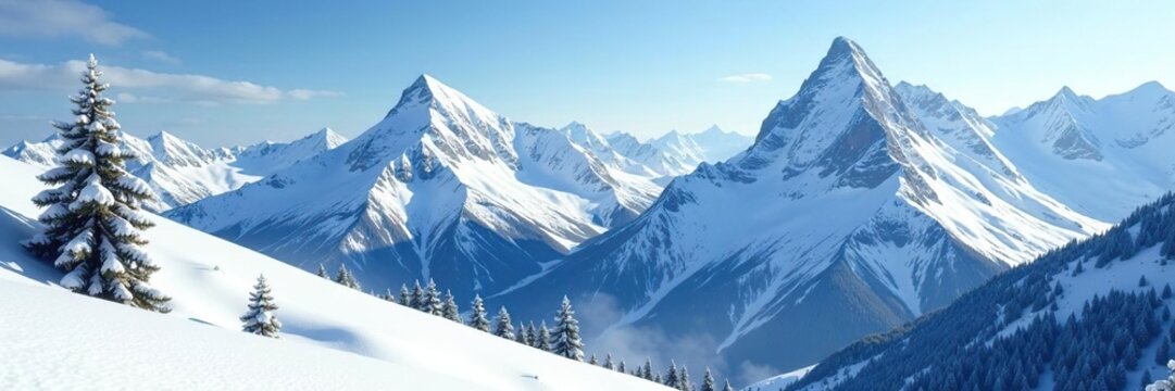 Snowy peaks and valleys in a serene alpine environment, alpine, landscape, nature