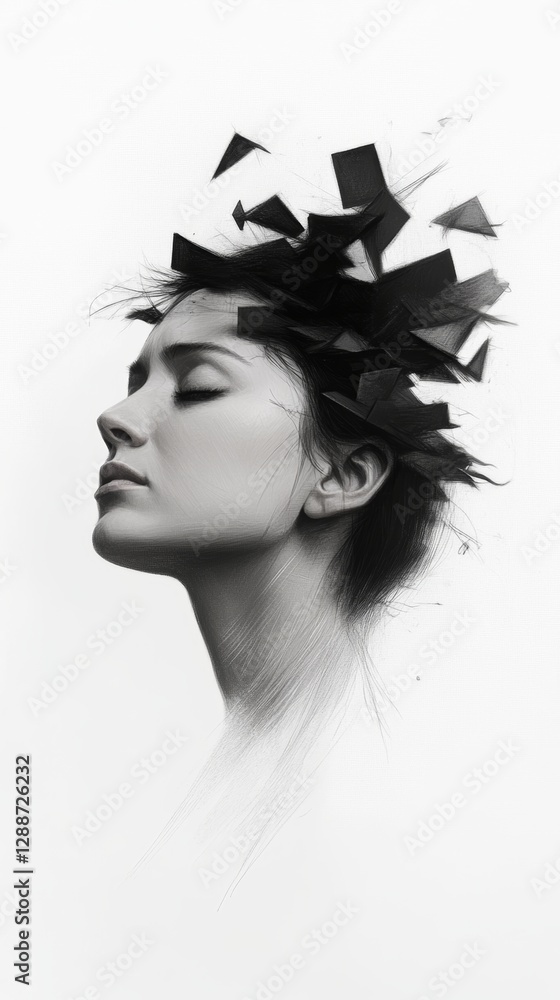 Poster woman's profile with fragmented black shapes representing chaos and emotion, captured in abstract ar