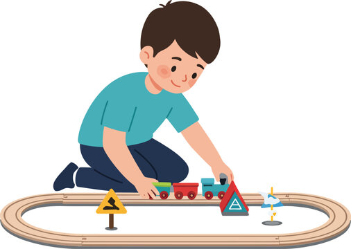 Child playing with toy train set on a wooden track in flat vector art