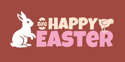 Happy Easter. Bunny, chick, and Easter egg. Modern style design, pastel colors.