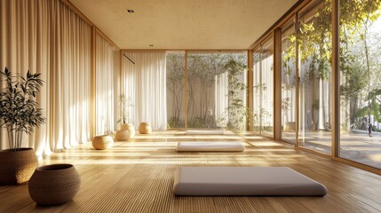 A serene yoga studio with bamboo floors and natural lighting, creating a calm and peaceful atmosphere