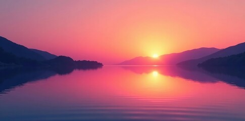 Fototapeta premium Sunset over a serene lake with a smooth gradient background from pink to orange, landscape, nature, lake
