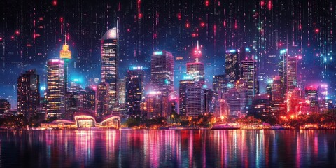 Obraz premium Vibrant cityscape at night is illuminated with colorful lights