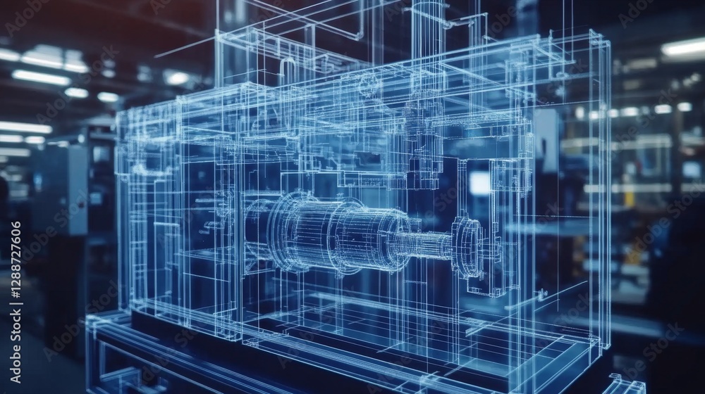 Poster designing an industrial machine blueprint workshop technical illustration manufacturing environment 