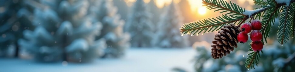 Fototapeta premium Frosty morning scene with pine cone and berries on Christmas tree, branches, christmas, berries