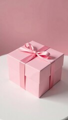 Obraz premium Pink gift box on a table with white background, still life, modern