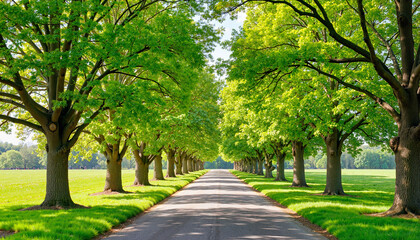 Lush green trees lining serene avenue under bright morning light, nature's beauty