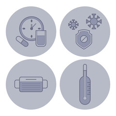 Line icons related to medicine, including clock, medicine capsule, shield, thermometer, and mask. Ideal for healthcare applications and educational materials