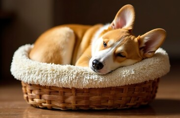 A corgi puppy sleeps in a small wicker basket.