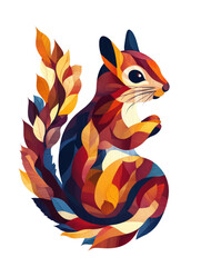 Obraz premium Colorful squirrel sitting on the ground with leaves on its back in a natural outdoor setting isolated on transparent background.