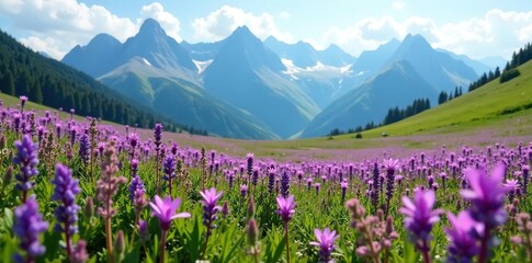 Fototapeta premium A field of purple flowers grows amidst mountain peaks, wildflowers, mountain, natural