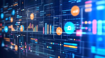 Fototapeta premium Abstract Digital Data Interface with Colorful Graphs and Metrics Representations