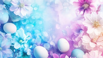 Pastel easter eggs and flowers on colorful spring background. Easter, Pascha, Paskha, Ostern, Pascua, Paques - Orthodox and Catholic Holiday celebration