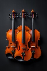 Naklejka premium Multiple violins arranged on dark background showcasing craftsmanship and musical elegance
