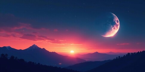 Fototapeta premium A crescent moon in the southeastern sky near the horizon, horizon, landscape, lunar phase