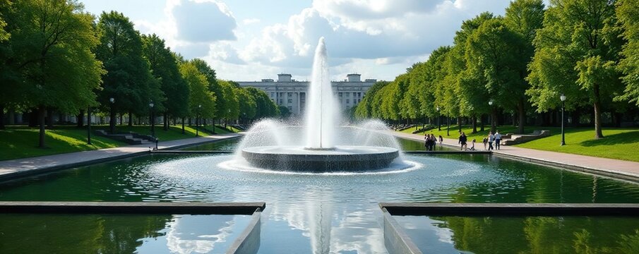 Vladivostok FEFU campus fountain with water features, natural scenery, fountain