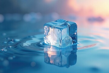 An ice cube partially submerged in a bath of still water creates visual interest, ice, water