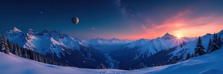 Obraz premium Snowy night scene with Jupiter and Mars in the sky above the Alps, Mars, cosmos, stars