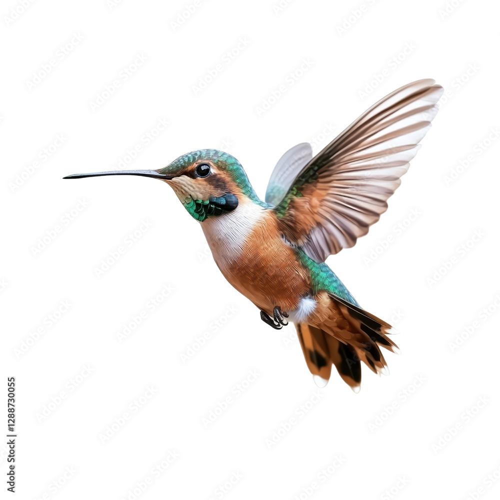 Poster hummingbird in flight with colorful background surrounded by nature and flowers isolated on transpar
