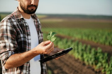 Black digital tablet in hand. Farmer is on the agricultural field