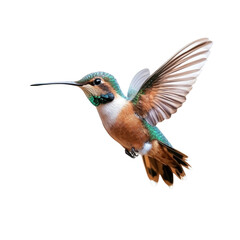 Hummingbird in flight with colorful background surrounded by nature and flowers isolated on transparent background.