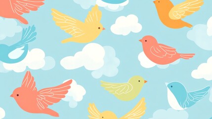 Fototapeta premium Playful cartoon birds vibrant garden pattern design cheerful atmosphere aerial view whimsical bird motif