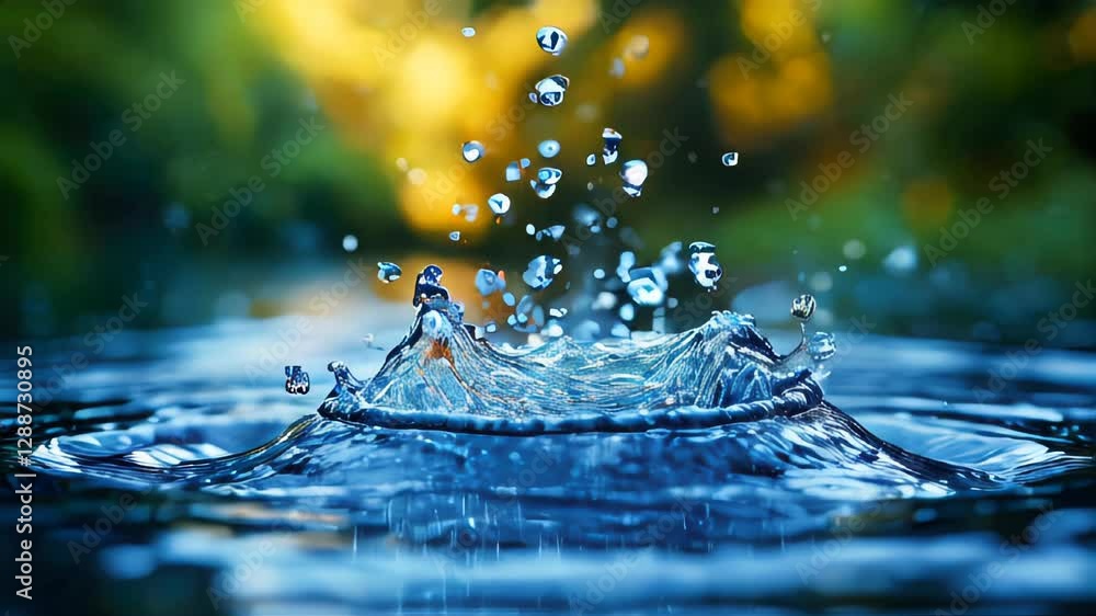 Poster Close-up of a water droplet splash with droplets suspended in mid-air, creating a dynamic and refreshing effect