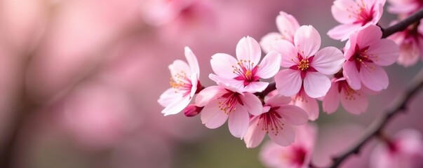 Obraz premium Soft pink hues of the blooming cherry blossom, soft pink, pink cherry blossoms, garden