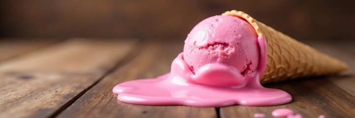Soft pink melting ice cream cone with drips on a wooden table, melting, wooden