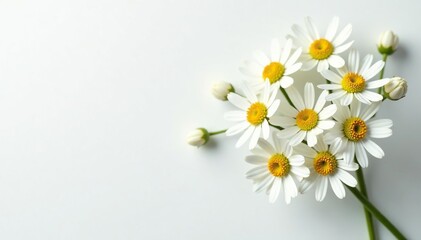 Delicate white aster flowers unfolding on a pristine white surface, floral, empty background