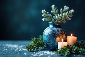 Frosty dark blue glass vase with evergreen branches and candles, frosty glass vase, evergreen branches, winter decor