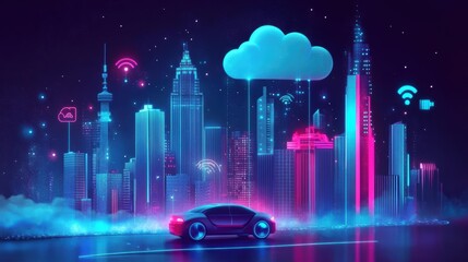 Obraz premium Social networking city and town with automation car on the world symbols moving from buildings to cloud using wifi. Vector illustration, penology, communication, generation, modern, generate by AI
