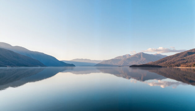 Serene lake reflection in early morning light, natural beauty