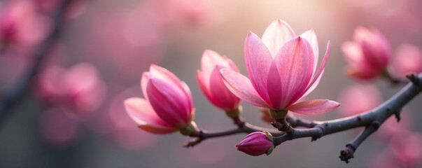 Obraz premium Soft pink petals unfolding from a bare tree branch, gentle, spring