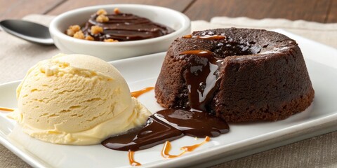 A decadent chocolate lava cake with molten center and vanilla ice cream on the side