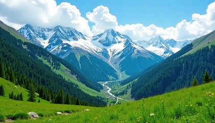 Obraz premium Snowy peaks amidst lush greenery in Dombai Caucasus, green hills, Caucasus