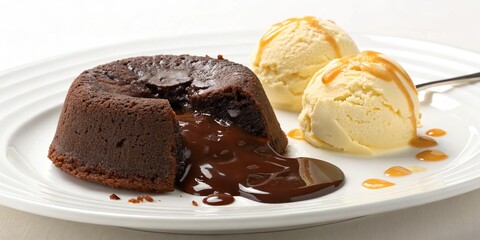 A decadent chocolate lava cake with molten center and vanilla ice cream on the side