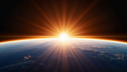 Glowing sunrise over Earth's horizon from space, cosmic beauty