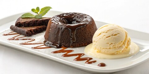 A decadent chocolate lava cake with molten center and vanilla ice cream on the side