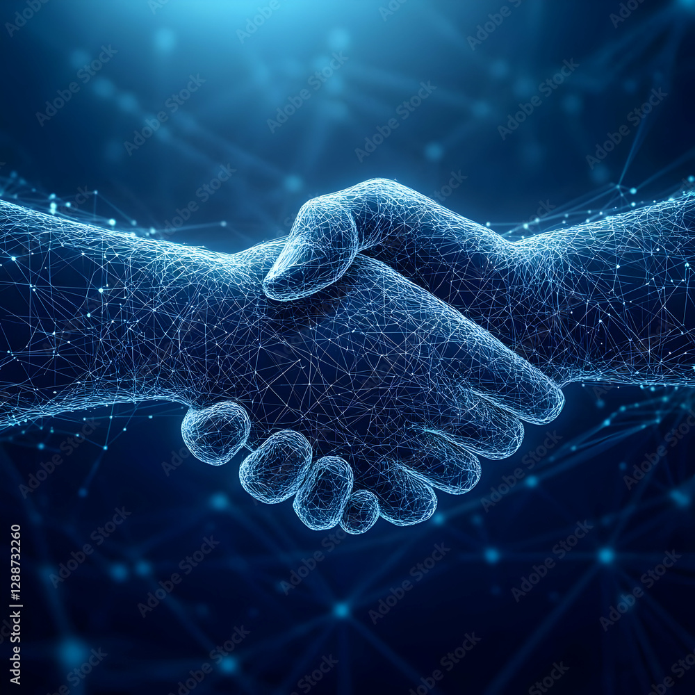 Poster a digital handshake representing collaboration and partnership in the modern business environment an