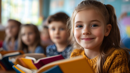 Happy School Children Reading Books in a Colorful Classroom