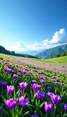 A field of purple flowers under a vast blue expanse, landscape, blooming flowers