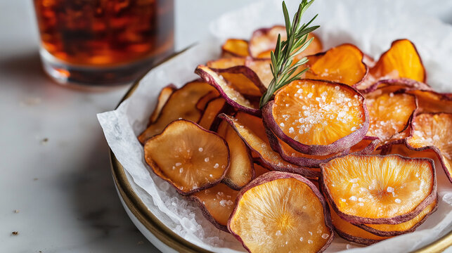 Tray of crispy homemade Tarul root chips, lightly seasoned with sea salt and fresh rosemary. Golden-brown chips with purple marbling, served in parchment-lined basket on white ceramic plate.
