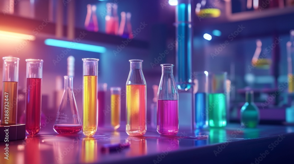 Poster conducting experiments in a bright laboratory modern science lab test tubes well-lit environment sci