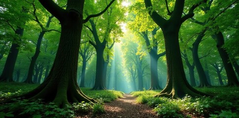 Naklejka premium Dense forest canopy above ancient tree trunks, foliage, forestry, nature