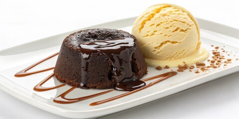 A decadent chocolate lava cake with molten center and vanilla ice cream on the side