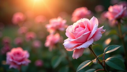 Soft pink light filters through the rose bushes, illuminating delicate petals, garden, floral arrangement, flowers