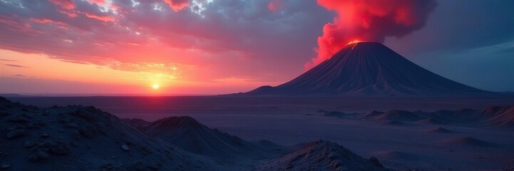 Fototapeta premium Volcanic ash falls on a barren landscape at dusk, gray, desolate, rocky